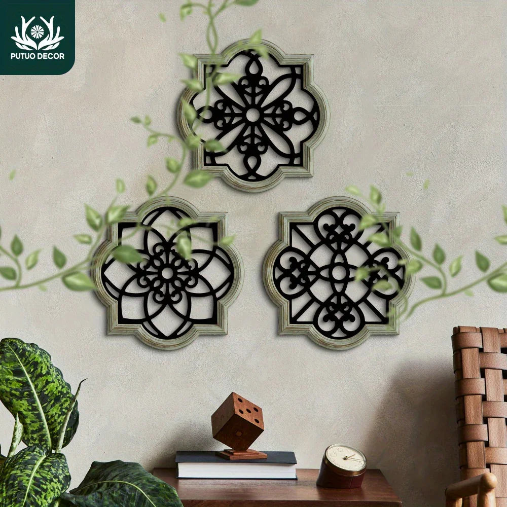 Wooden Wall Hanging Decor - 3pcs Black Floral Design Plaques