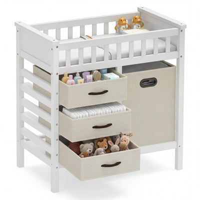 Wooden Baby Changing Table Diaper Changing Station with 3 Fabric Storage Drawers-Beige