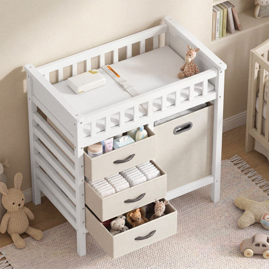 Wooden Baby Changing Table Diaper Changing Station with 3 Fabric Storage Drawers-Beige