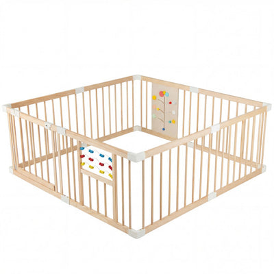 Wooden Baby Playpen Adjustable Large Play Yard for Infants-Natural