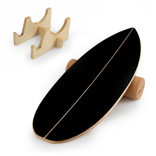 Wooden Balancing Board with Cork Roller and Storage Rack to Exercise-Black