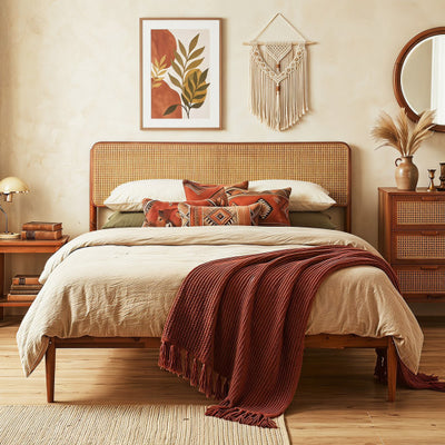 Wooden Boho Rattan Brown Bed Frame with Wooden Slat Support-Queen Size