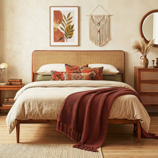 Wooden Boho Rattan Brown Bed Frame with Wooden Slat Support-Queen Size