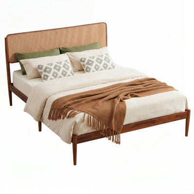 Wooden Boho Rattan Brown Bed Frame with Wooden Slat Support-Queen Size