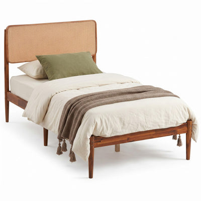Wooden Boho Rattan Brown Bed Frame with Wooden Slat Support-Twin