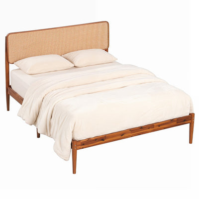 Wooden Boho Rattan Brown Bed Frame with Wooden Slat Support-Full