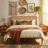 Wooden Boho Rattan Brown Bed Frame with Wooden Slat Support-Full