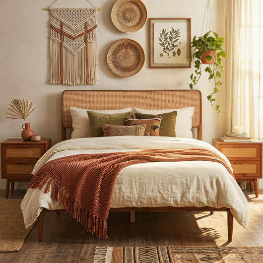Wooden Boho Rattan Brown Bed Frame with Wooden Slat Support-Full