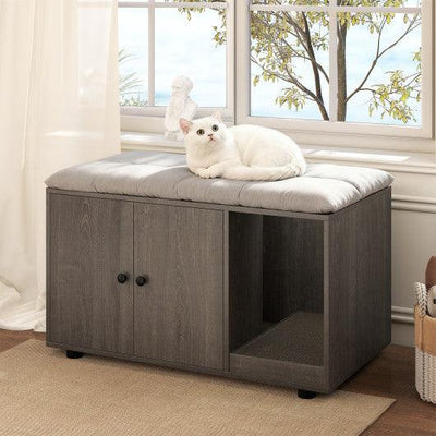 Wooden Cat Litter Box Enclosure Hidden Litter Box Furniture with Scratching Board-Oak