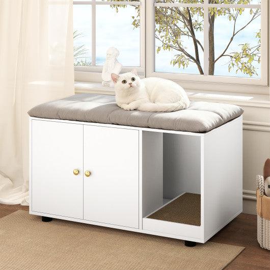 Wooden Cat Litter Box Enclosure Hidden Litter Box Furniture with Scratching Board-White