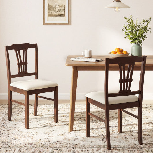 Wooden Dining Chairs Set of 2 Upholstered Kitchen Chairs with Solid Rubber Wood Frame-Beige