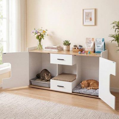Wooden Hidden Cat House Cabinet with Wide Countertop 2 Drawers and 2 Doors-Natrual