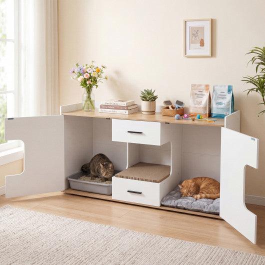 Wooden Hidden Cat House Cabinet with Wide Countertop 2 Drawers and 2 Doors-Natrual
