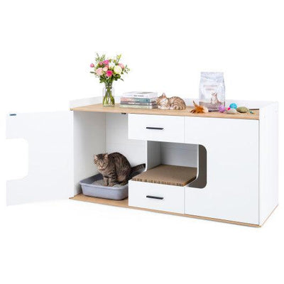 Wooden Hidden Cat House Cabinet with Wide Countertop 2 Drawers and 2 Doors-Natrual