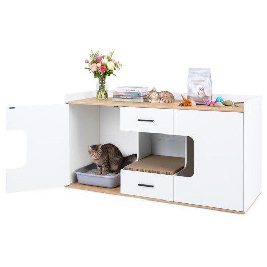 Wooden Hidden Cat House Cabinet with Wide Countertop 2 Drawers and 2 Doors-Natrual