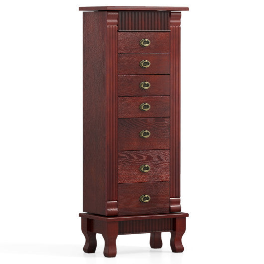 Wooden Jewelry Armoire Cabinet Storage Chest with Drawers and Swing Doors-Brown