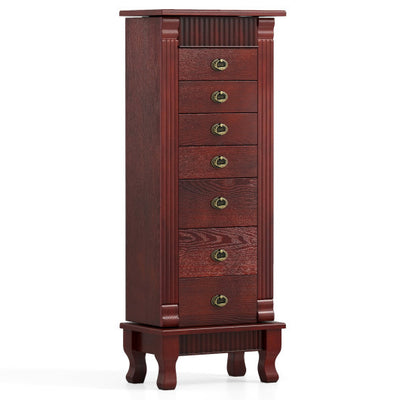 Wooden Jewelry Armoire Cabinet Storage Chest with Drawers and Swing Doors-Brown