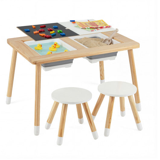 Wooden Kids Activity Table Set with Double-Sided Boards-Natural