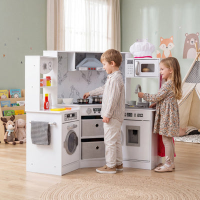 Wooden Kids Play Kitchen Playset with Realistic Lights and Sounds-White