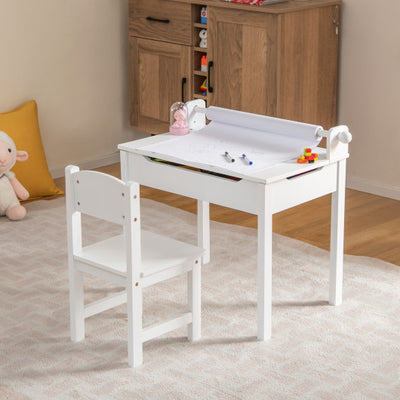 Wooden Kids Table and Chair Set with Storage and Paper Roll Holder-White