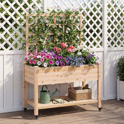 Wooden Mobile Raised Garden Bed on Wheels with Trellis-Natural