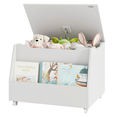 Wooden Mobile Toy Storage Organizer with Bookshelf and Lockable Wheels-White