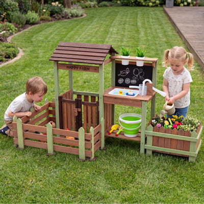 Fir Wood Mud Farm Playset with Planter Box Lockable Yard and Faucet for 3+ Kids