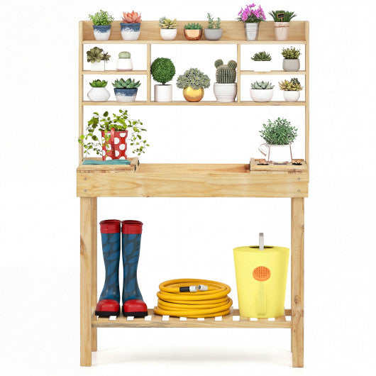 Wooden Potting Bench Table Garden Planting Workstation with 3-Tier Open Shelf-Natural
