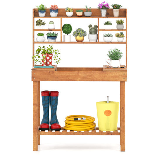 Wooden Potting Bench Table Garden Planting Workstation with 3-Tier Open Shelf-Brown