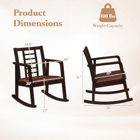 Wooden Rocking Chair with Upholstered Seat and Ladder Back for Living Room-Brown