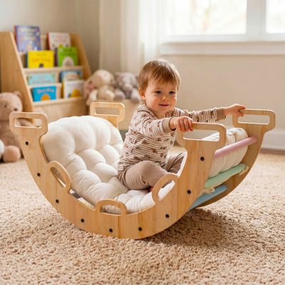 Wooden Rocking Climbing Arch with Cushion 3-in-1 Montessori Kids Climber Rocker-Macaron