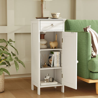 Wooden Storage Free-Standing Floor Cabinet with Drawer and Shelf-White