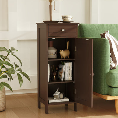 Wooden Storage Free-Standing Floor Cabinet with Drawer and Shelf-Brown