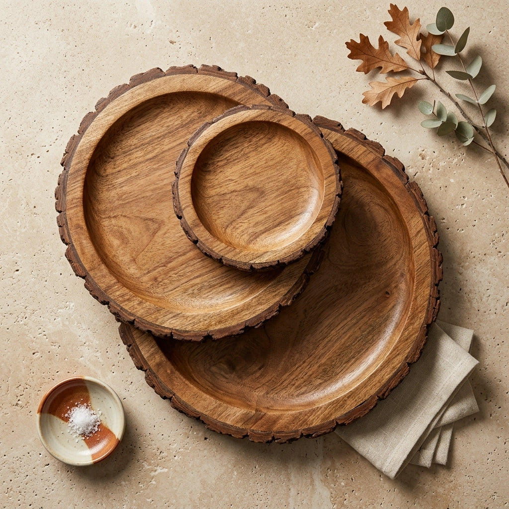 House of Avana Round Tree Mango Wood Platter Set of 3