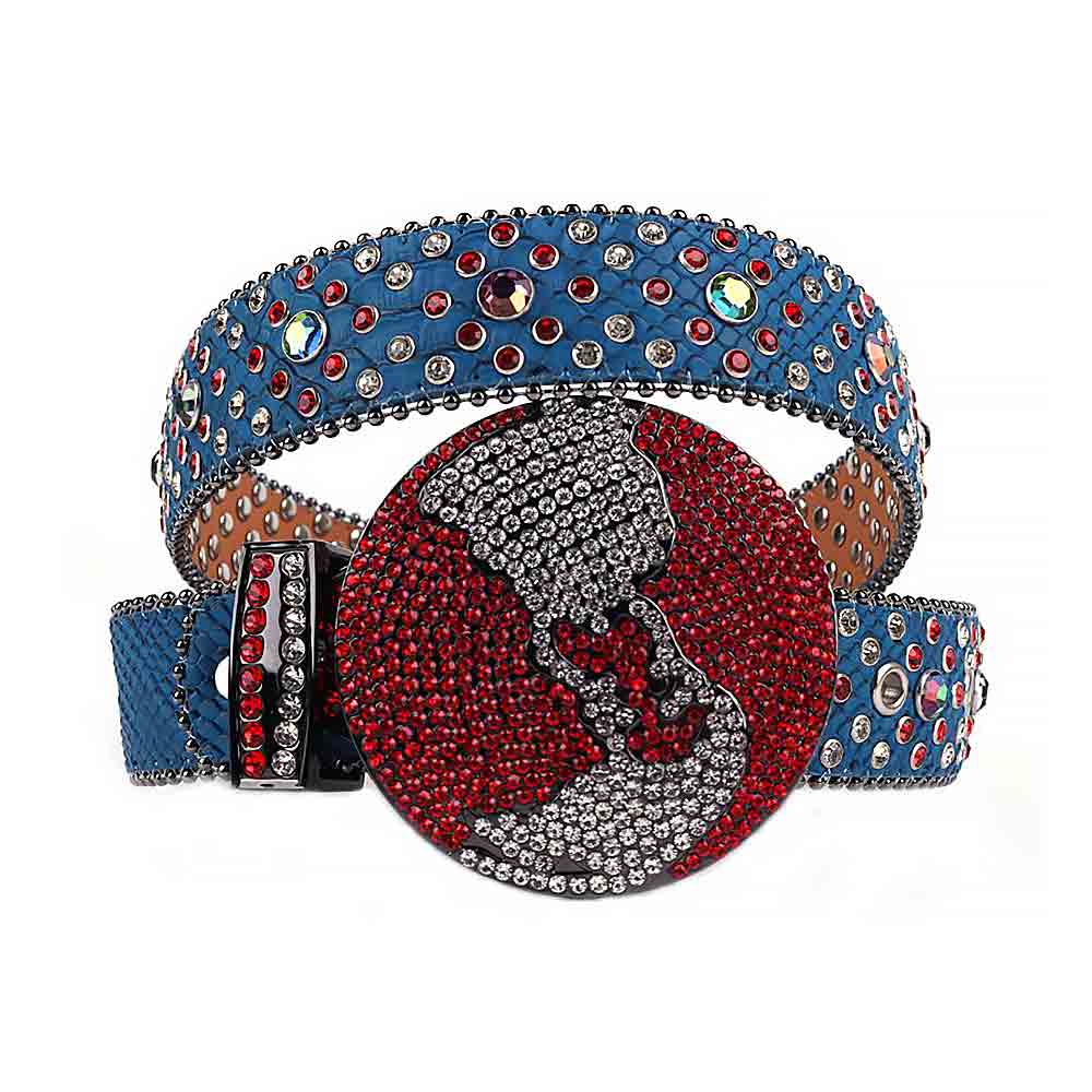 Blue Rhinestone Belt With Red Globe Buckle
