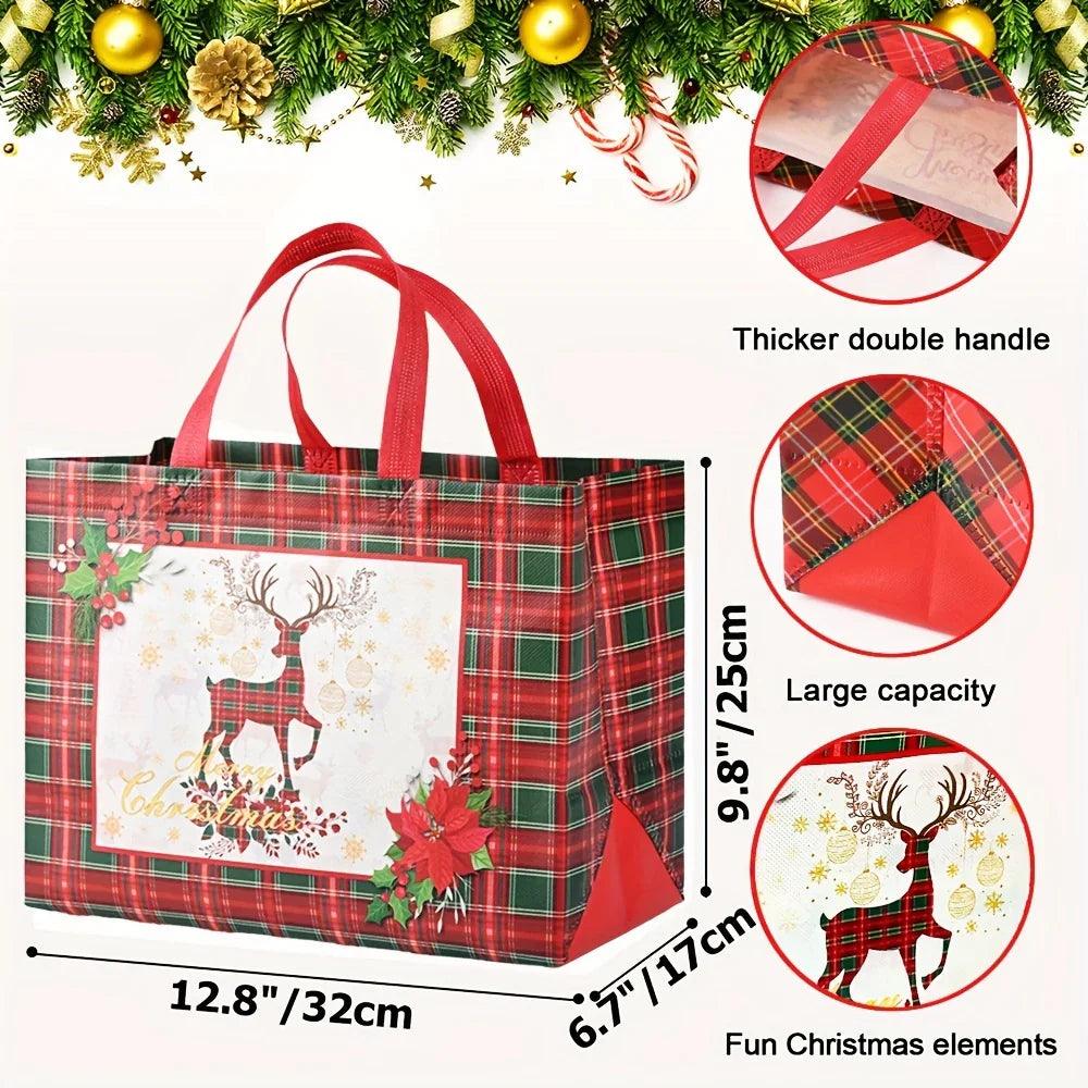 Woven Fabric Gift Bags with Handles, Red White Plaid, 8 16pcs