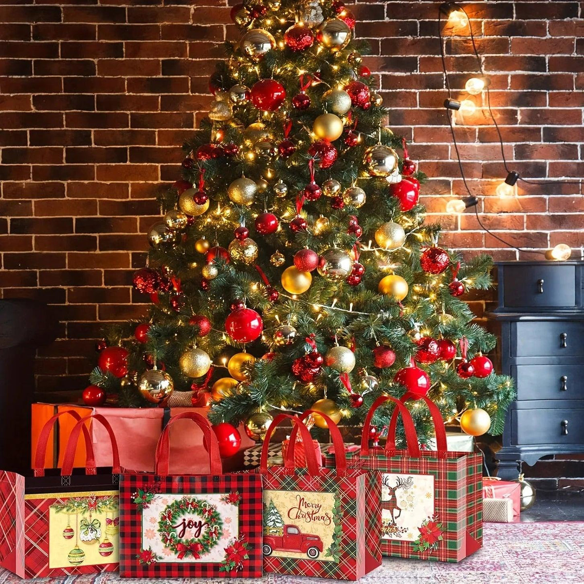 Woven Fabric Gift Bags with Handles, Red White Plaid, 8 16pcs