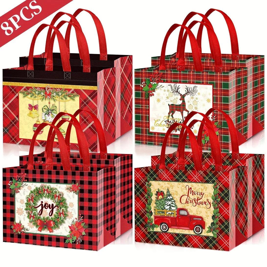 Woven Fabric Gift Bags with Handles, Red White Plaid, 8 16pcs
