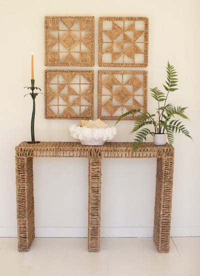 Woven Seagrass and Iron Console Table
