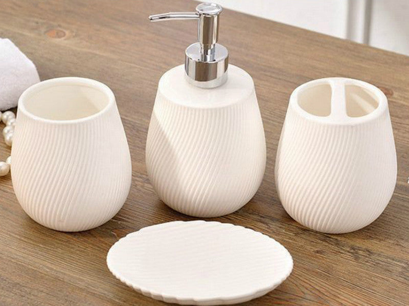 4 Piece White Porcelain Bathroom Set with Ribbed Pattern