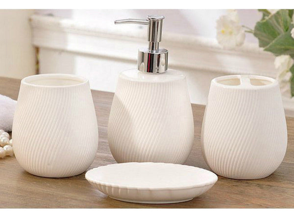 4 Piece White Porcelain Bathroom Set with Ribbed Pattern