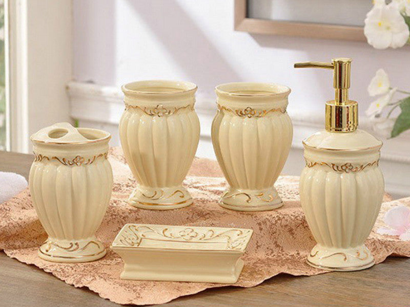 5 Piece Porcelain Bathroom Set - Cream and Gold