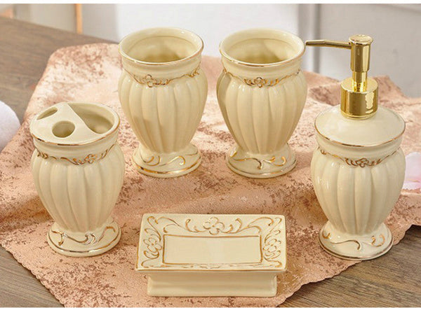 5 Piece Porcelain Bathroom Set - Cream and Gold