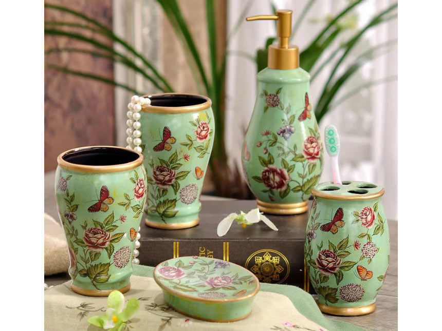 5 Piece Porcelain Bathroom Set - Aqua Green Butterfly Meadow