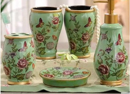5 Piece Porcelain Bathroom Set - Aqua Green Butterfly Meadow