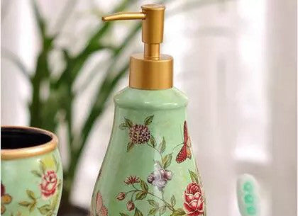5 Piece Porcelain Bathroom Set - Aqua Green Butterfly Meadow