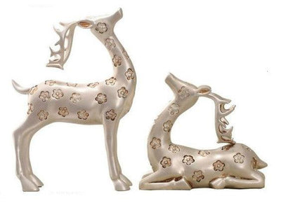 Elegant Pair of Silver Gazing Deer Sculptures with Antlers