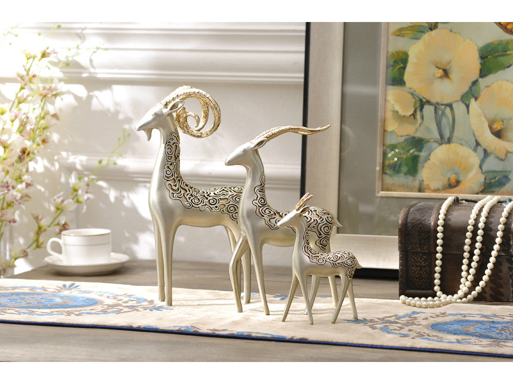 Family of Three Bighorn Sheep Sculptures with Golden Horns