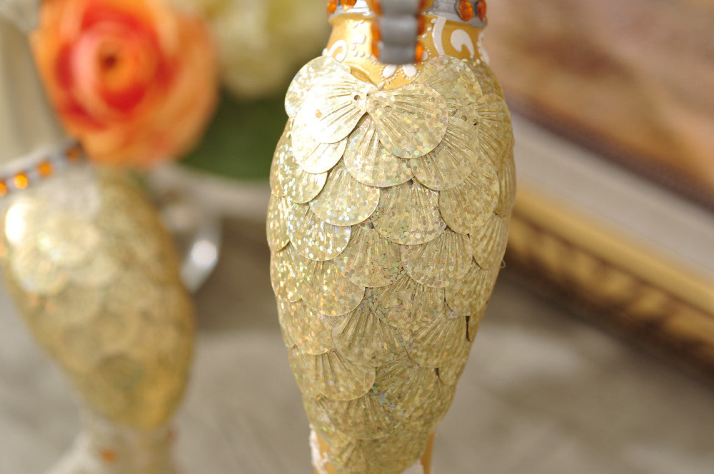 Exquisite Pair of Hand Painted Peacock Sculptures - Gold & Silver