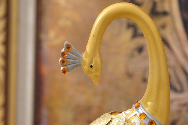 Exquisite Pair of Hand Painted Peacock Sculptures - Gold & Silver